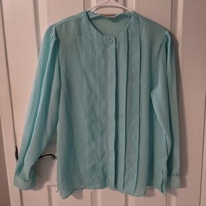 Vintage Diane Von Furstenberg Sheer Blue Pleated‎ Button-Up Blouse Size 12